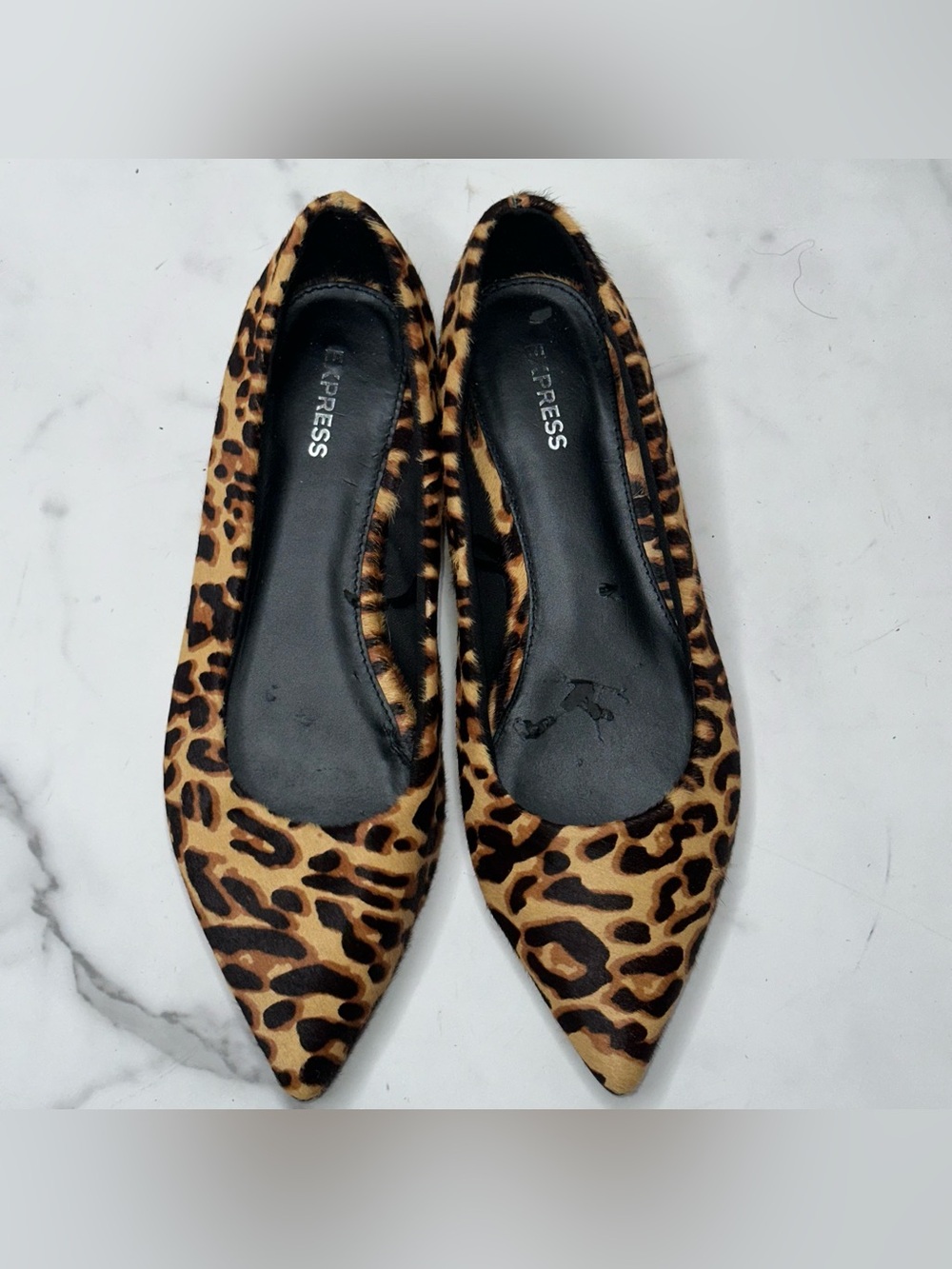 Express Real Fur Leopard-Print Pointed Flats in Brown and Black